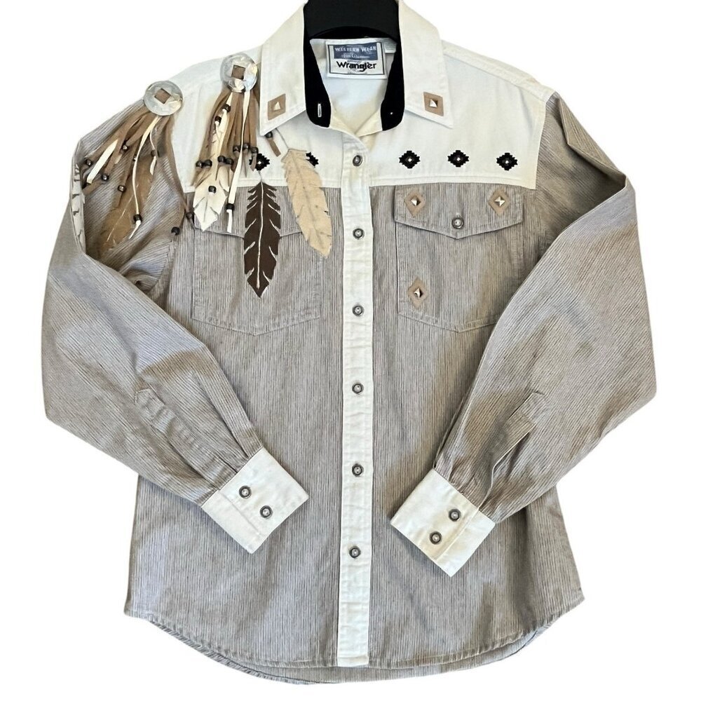Vtg 80s Womens Wrangler Western Shirt M Native American Concho Feathers Cowgirl